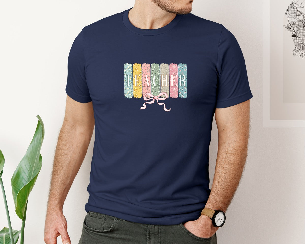 brand:Bella Canvas|color:Navy|Coquette Teacher Teacher Wildflower Graphic T-Shirt