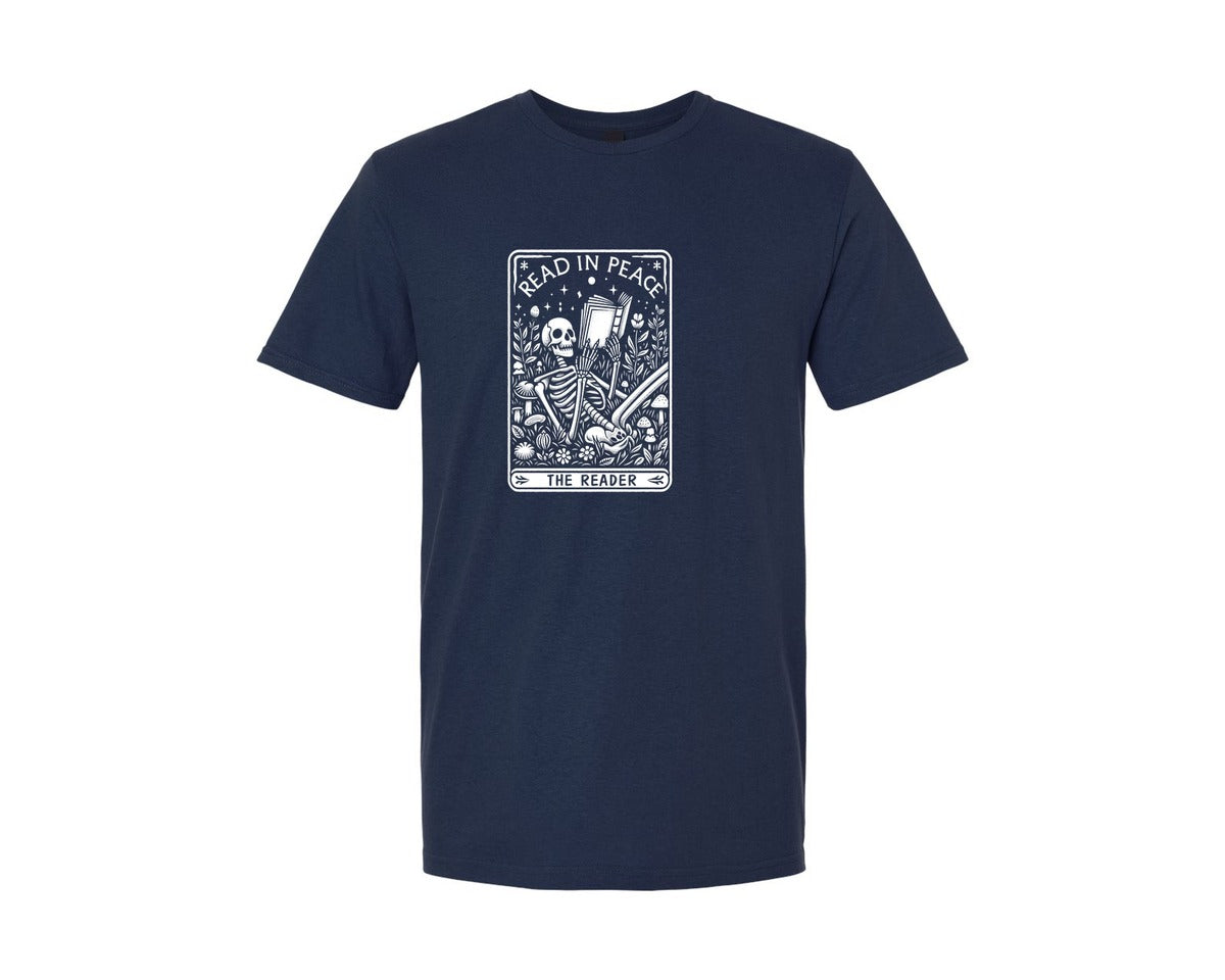 brand:Generic|color:Navy|Read In Peace Skeleton Reader Graphic T-Shirt
