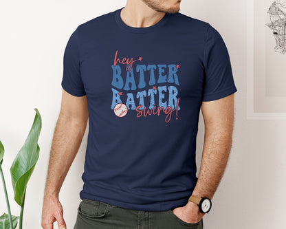 brand:Bella Canvas|color:Navy|Retro Baseball Hey Batter Batter Swing Graphic T-Shirt
