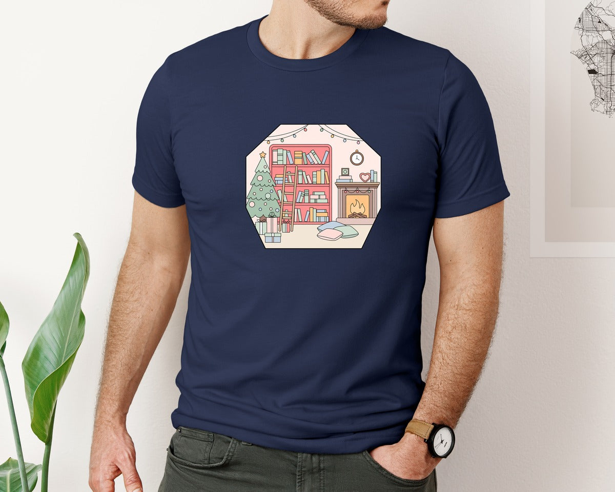 brand:Bella Canvas|color:Navy|Pink Christmas Cozy Library Book Graphic T-Shirt