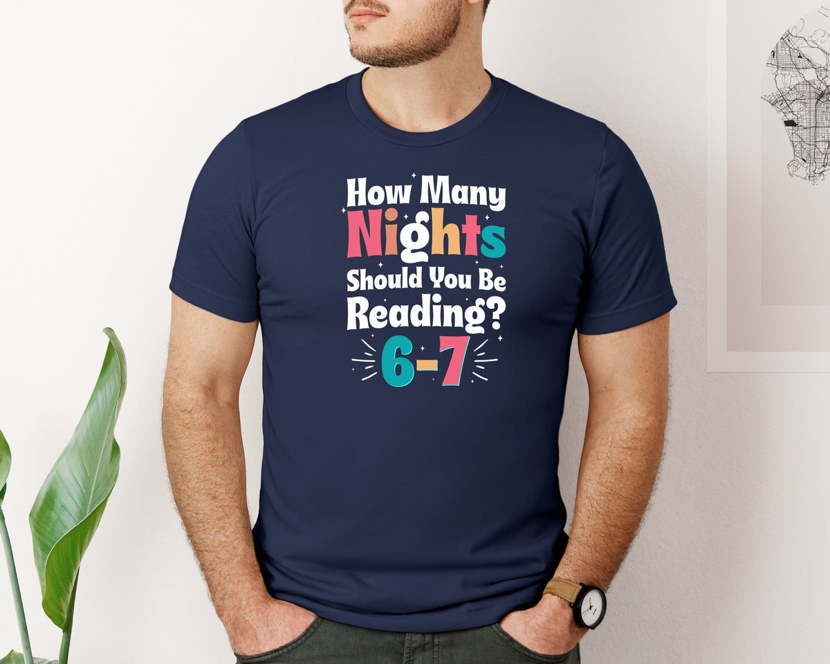 brand:Bella Canvas|color:Navy|Teacher Six Seven 67 67 Reading Graphic T-Shirt