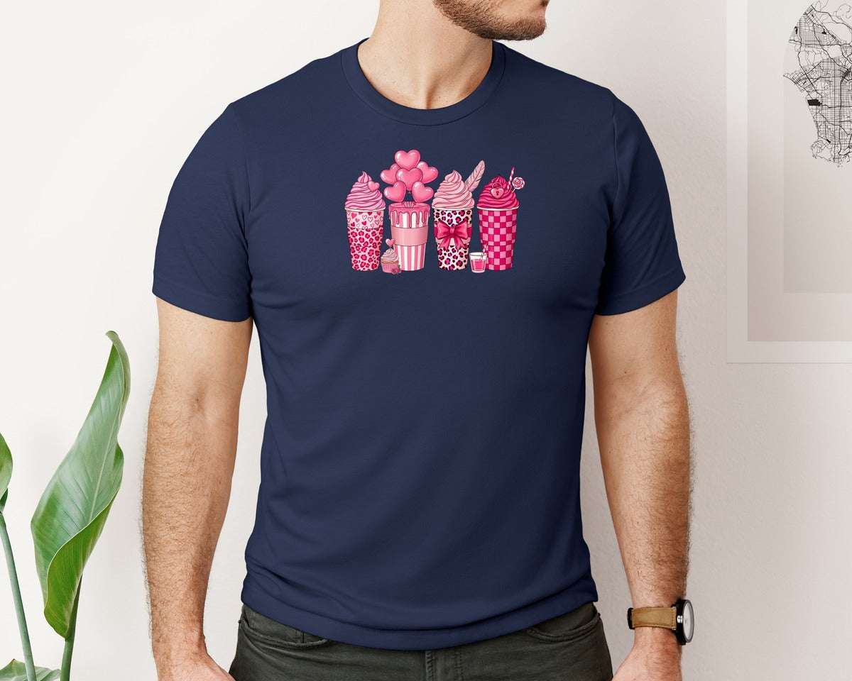 brand:Bella Canvas|color:Navy|Cute Pink Valentine Drinks Graphic T-Shirt