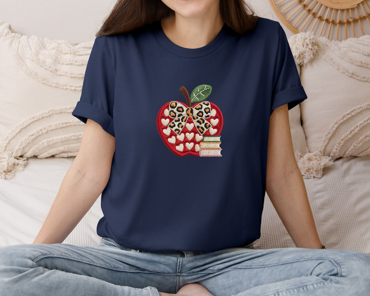 brand:Bella Canvas|color:Navy|Embroidery Leopard Apple Teacher Book Graphic T-Shirt