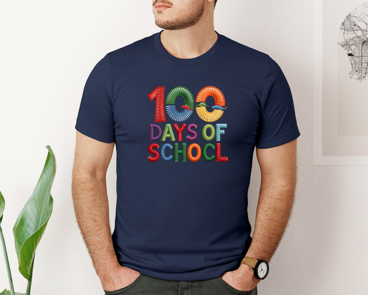 brand:Bella Canvas|color:Navy|100 Days Of School Embroidery 4 Graphic T-Shirt