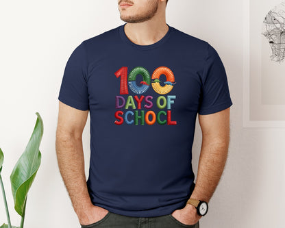 brand:Bella Canvas|color:Navy|100 Days Of School Embroidery 4 Graphic T-Shirt