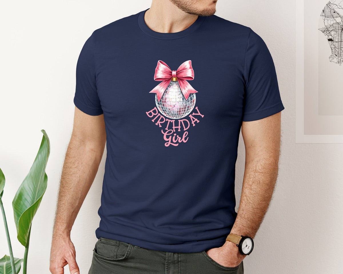 brand:Bella Canvas|color:Navy|Coquette Bow Disco Ball Birthday Girl Graphic T-Shirt