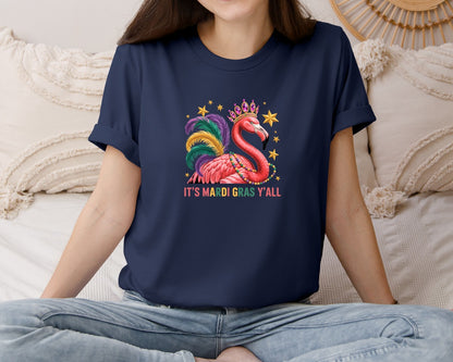 brand:Bella Canvas|color:Navy|Its Mardi Gras Yall Flamingo 2 Graphic T-Shirt