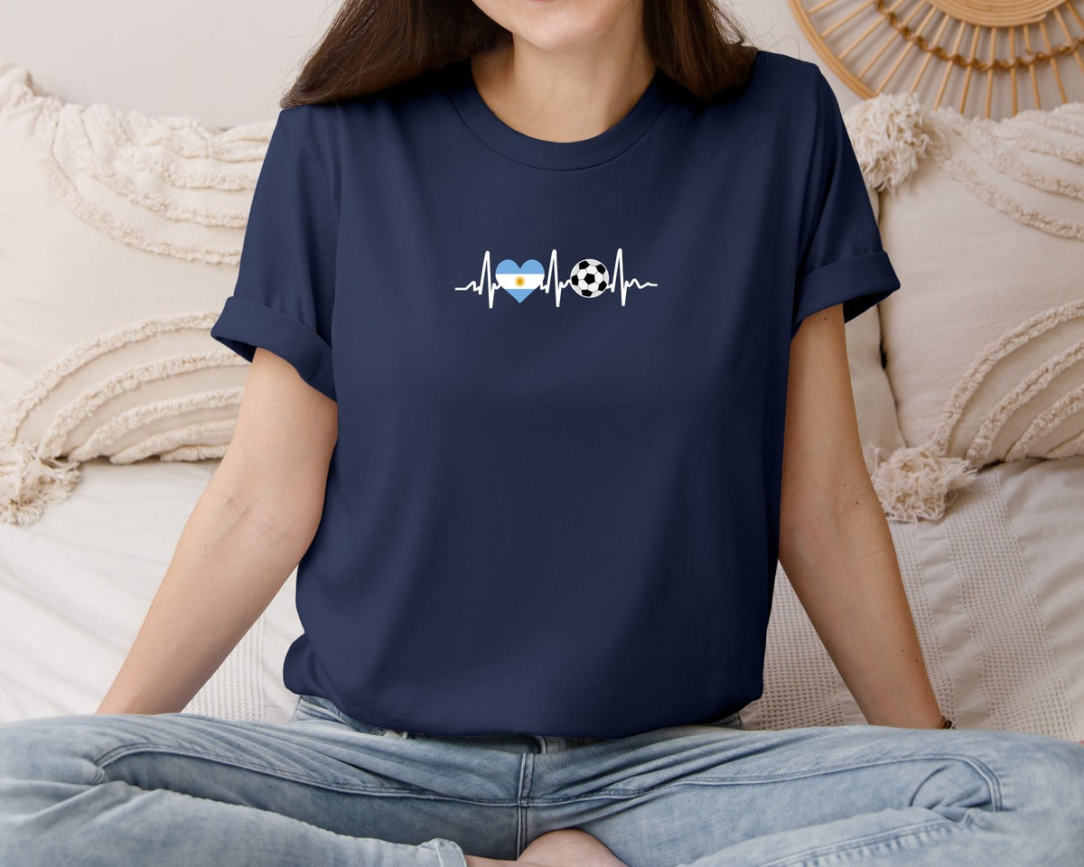 brand:Bella Canvas|color:Navy|Argentina Flag Football Soccer Heartbeat Graphic T-Shirt