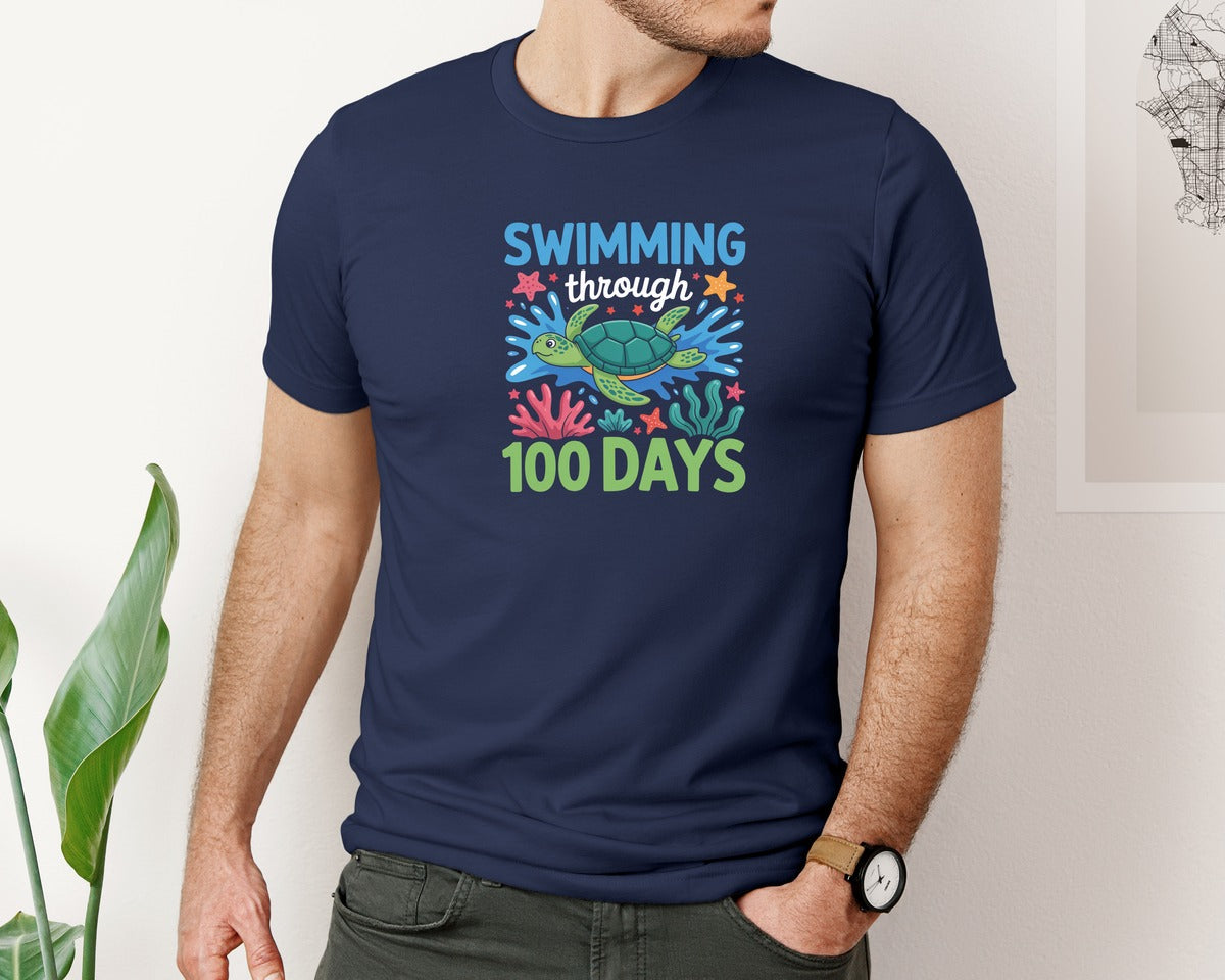 brand:Bella Canvas|color:Navy|Swimming Through 100 Days Graphic T-Shirt