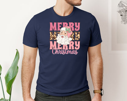 brand:Bella Canvas|color:Navy|Pink Leopard Christmas Santa Graphic T-Shirt