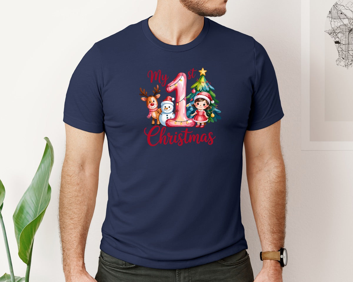 brand:Bella Canvas|color:Navy|My First 1St Christmas Pink Girl Graphic T-Shirt