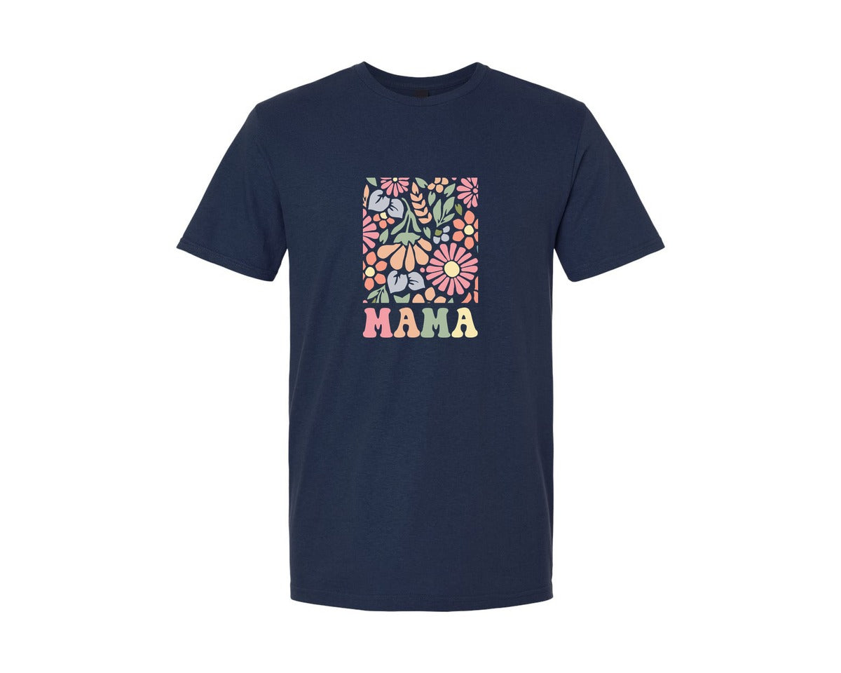 brand:Generic|color:Navy|Boho Floral Mama Mama Flower Graphic T-Shirt