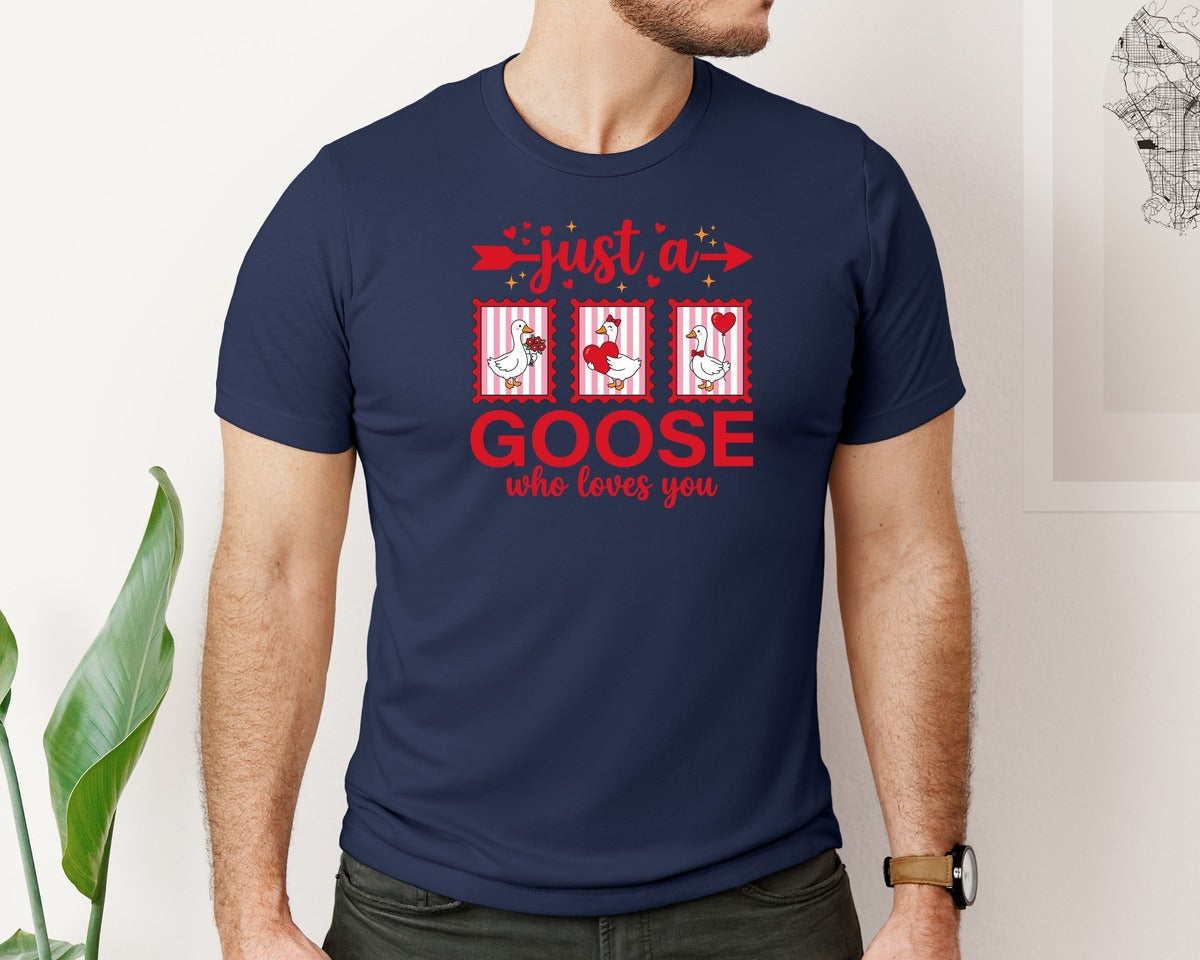 brand:Bella Canvas|color:Navy|Valentine Just A Goose Cute Love Graphic T-Shirt