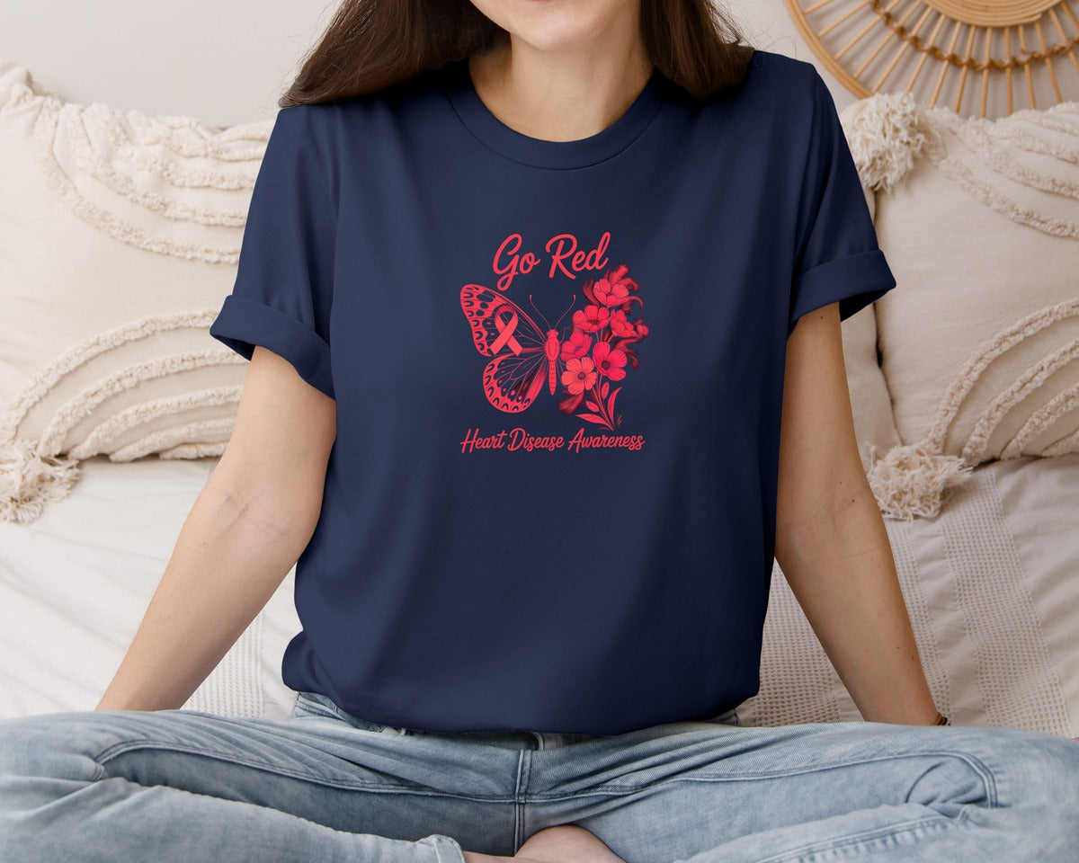 brand:Bella Canvas|color:Navy|Go Red Heart Disease Butterfly Graphic T-Shirt