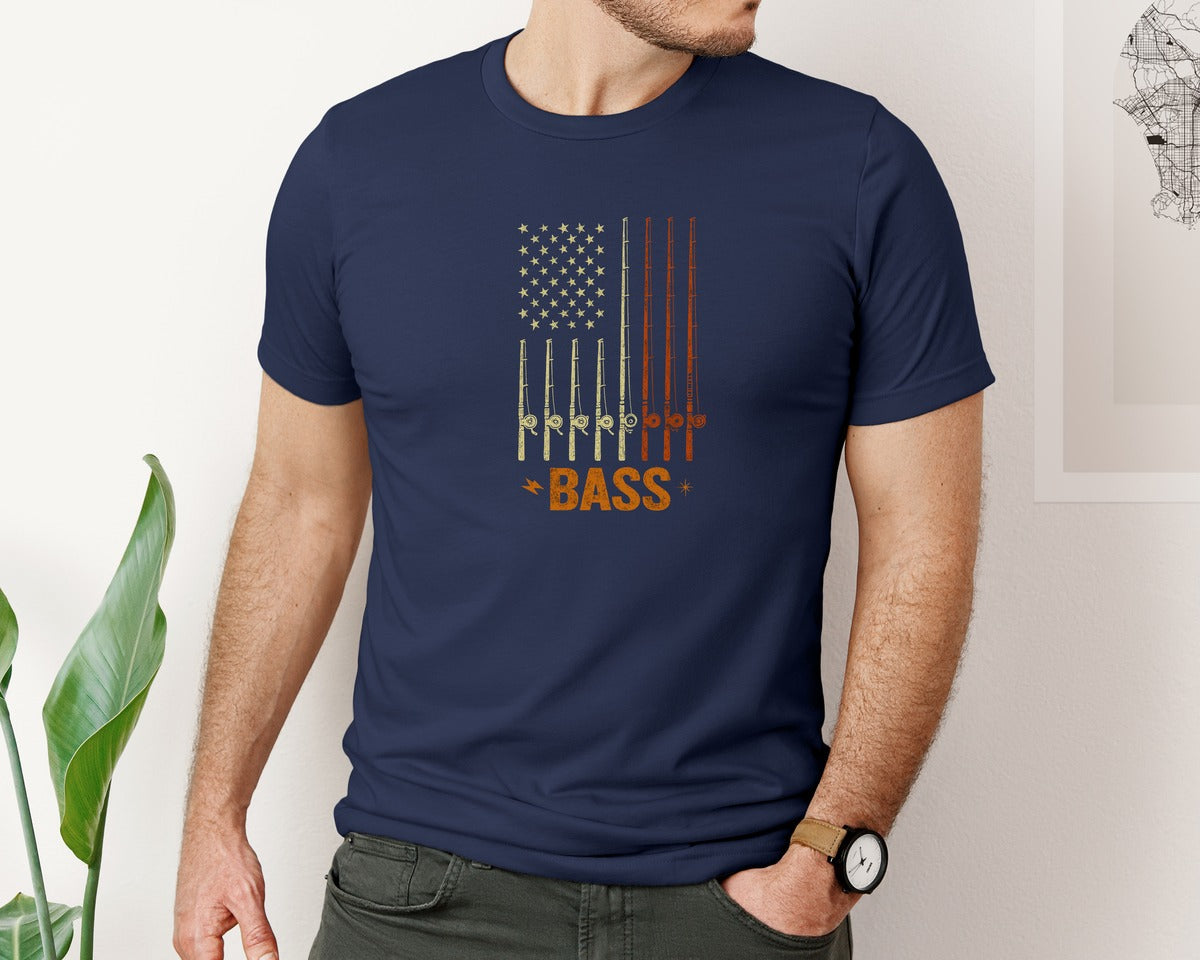 brand:Bella Canvas|color:Navy|Vintage American Flag Made Of Fishing Ro Graphic T-Shirt