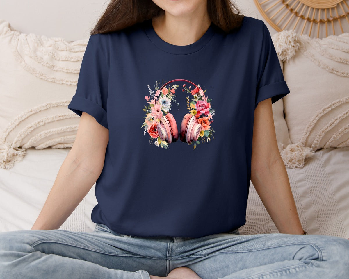 brand:Bella Canvas|color:Navy|Pink Retro Headphones Wild Flowers Graphic T-Shirt