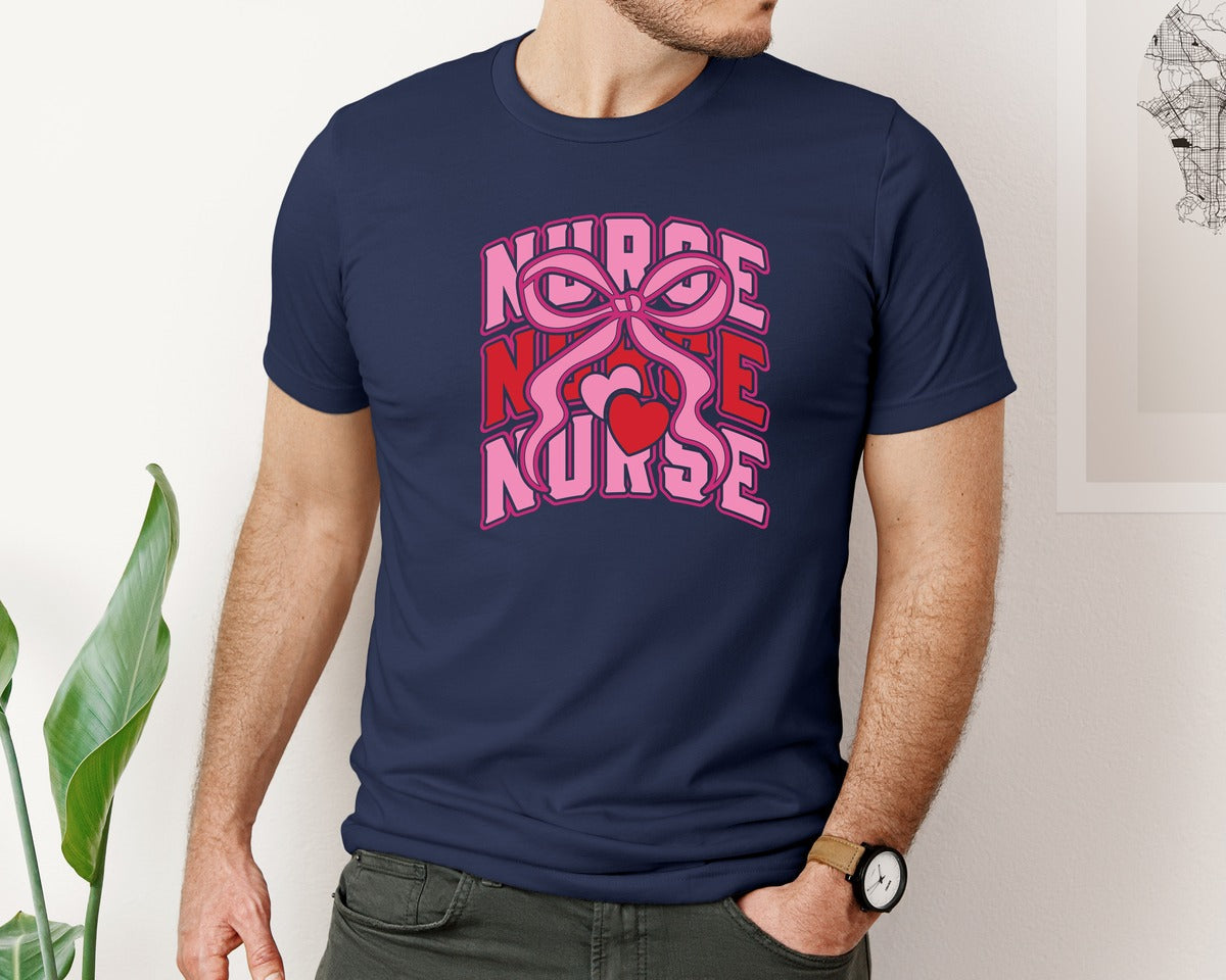 brand:Bella Canvas|color:Navy|Nurse Coquette Bow Valentines Day Graphic T-Shirt