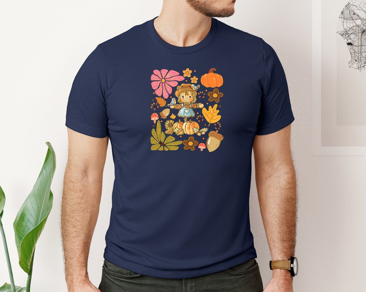 brand:Bella Canvas|color:Navy|Boho Floral Fall Scarecrow Graphic T-Shirt