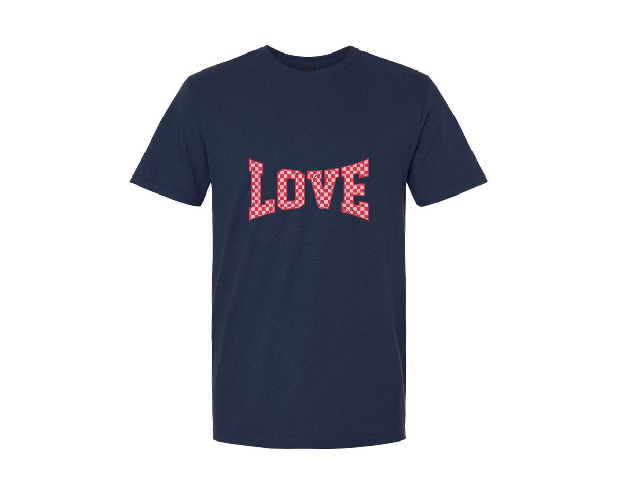 brand:Generic|color:Navy|Checkered Valentine Varsity Retro Love Graphic T-Shirt