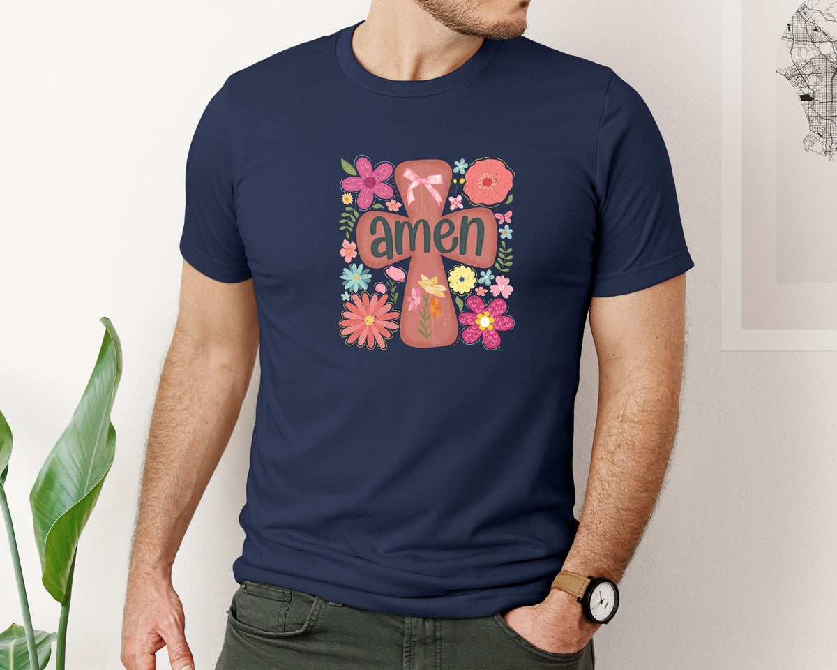 brand:Bella Canvas|color:Navy|Boho Floral Amen Christian Graphic T-Shirt
