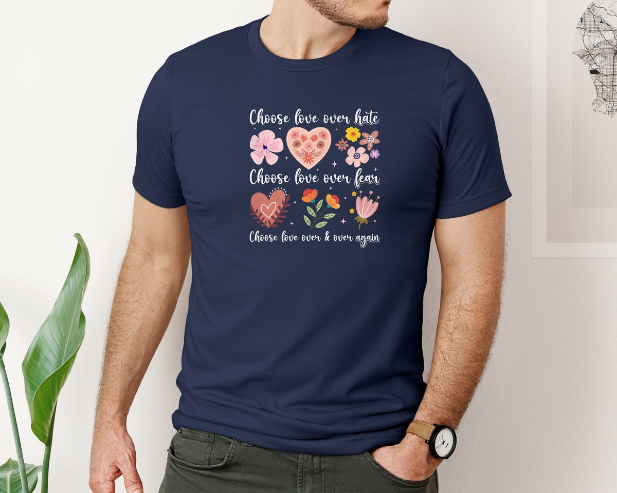 brand:Bella Canvas|color:Navy|Boho Flower Quote Choose Love Over Hate Graphic T-Shirt