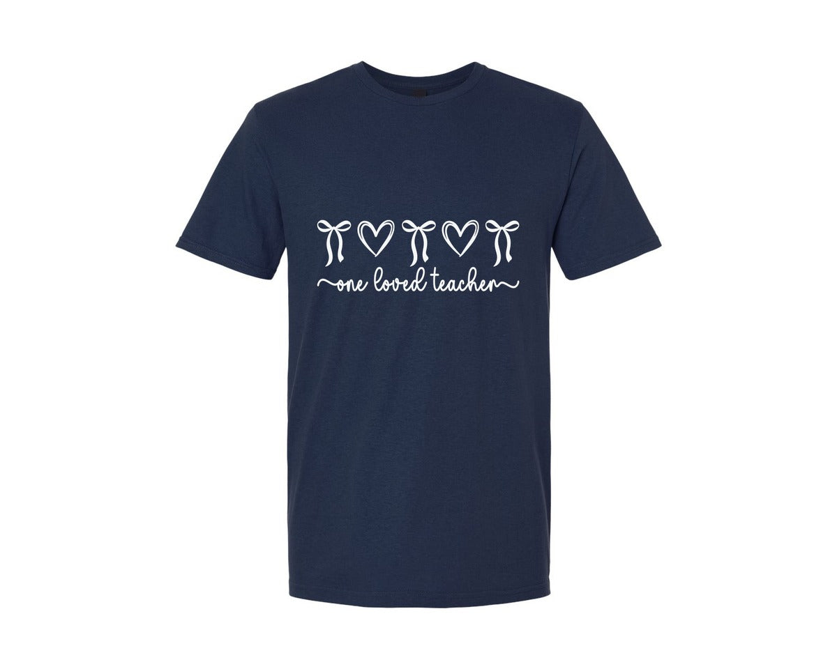 brand:Generic|color:Navy|One Loved Teacher Valentine Bow Heart Graphic T-Shirt