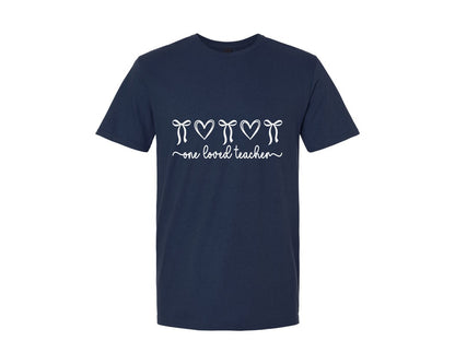 brand:Generic|color:Navy|One Loved Teacher Valentine Bow Heart Graphic T-Shirt