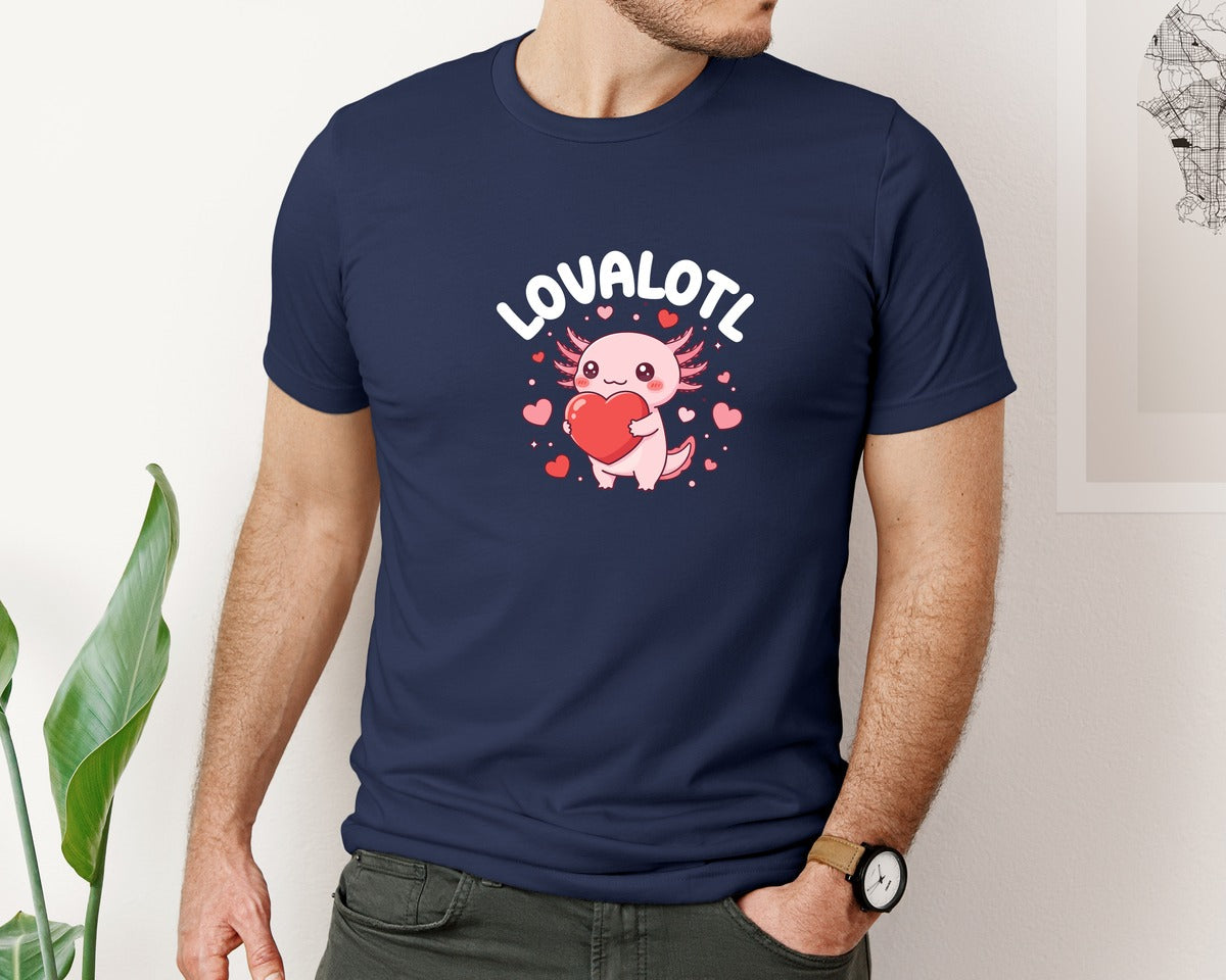 brand:Bella Canvas|color:Navy|Cute Axolotl Holding Heart Lovalotl Graphic T-Shirt