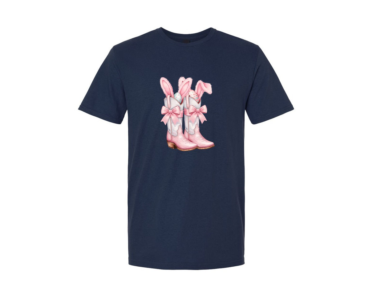 brand:Generic|color:Navy|Howdy Western Easter Bunny Cowboy Boots Graphic T-Shirt