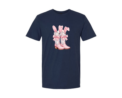 brand:Generic|color:Navy|Howdy Western Easter Bunny Cowboy Boots Graphic T-Shirt