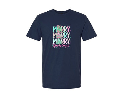 brand:Generic|color:Navy|Floral Merry Merry Merry Christmas Graphic T-Shirt