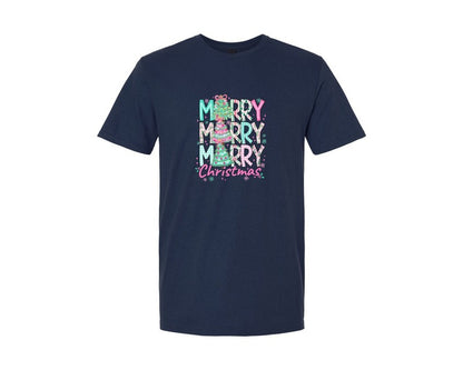 brand:Generic|color:Navy|Floral Merry Merry Merry Christmas Graphic T-Shirt