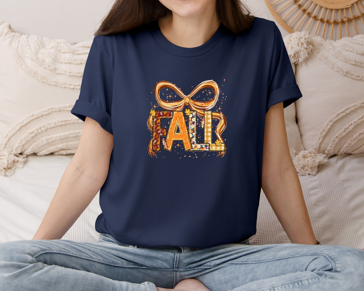 brand:Bella Canvas|color:Navy|Preppy Fall Coquette Design Graphic T-Shirt