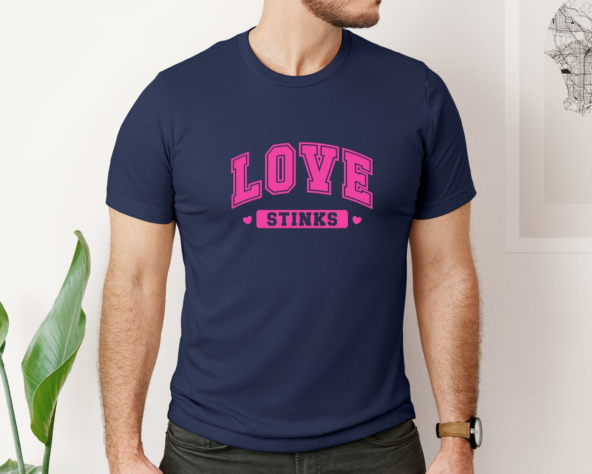 brand:Bella Canvas|color:Navy|Love Stinks Funny Anti Valentine Graphic T-Shirt