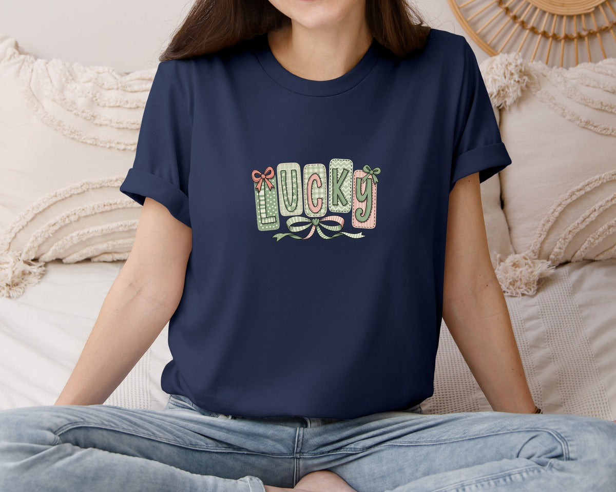 brand:Bella Canvas|color:Navy|Lucky Shamrock Blessed Vibes 13 Graphic T-Shirt
