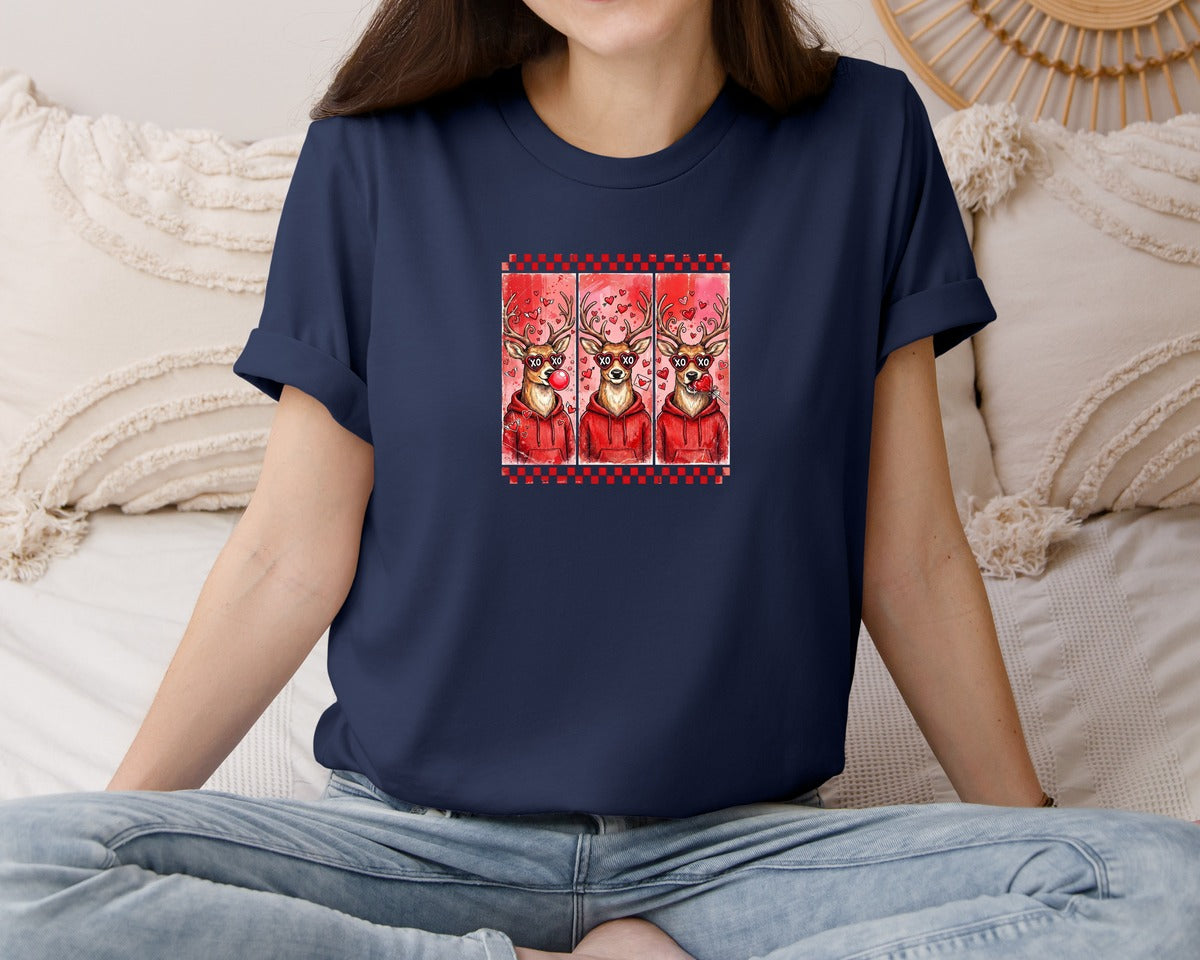 brand:Bella Canvas|color:Navy|Funny Valentines Day Deer Graphic T-Shirt