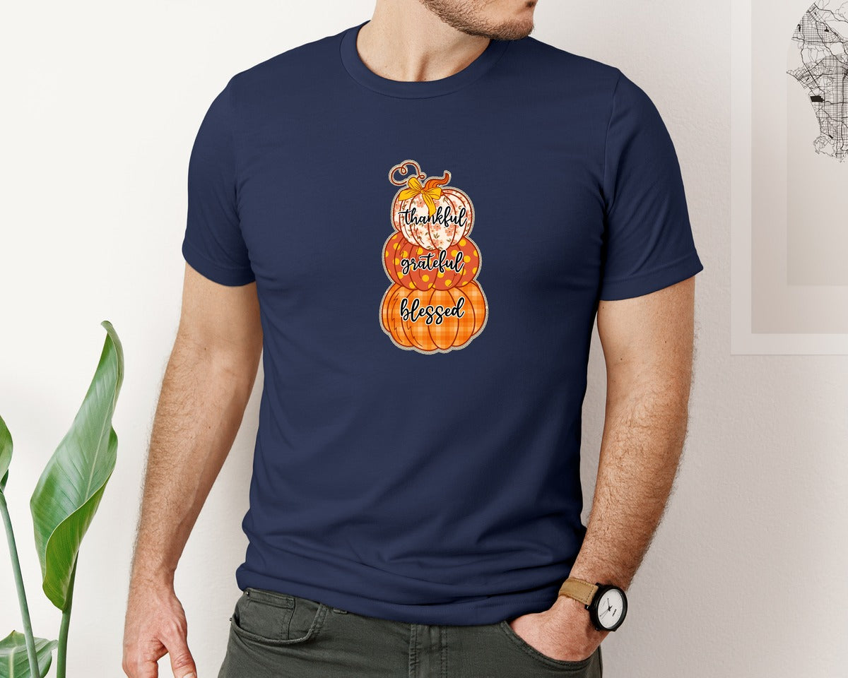 brand:Bella Canvas|color:Navy|Thankful Grateful Blessed Pumpkin 2 Graphic T-Shirt