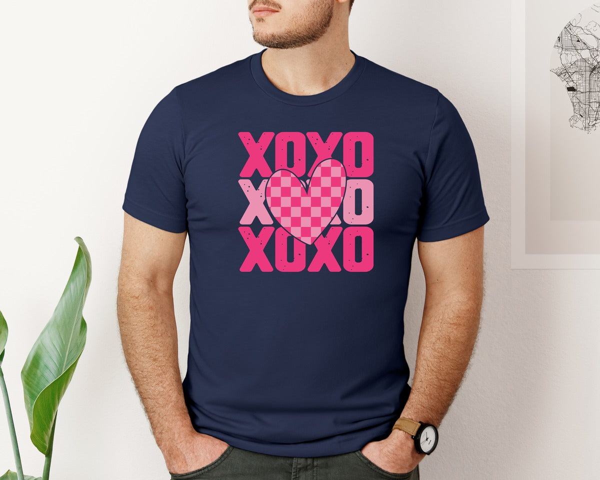 brand:Bella Canvas|color:Navy|Xoxo Heart Valentines Day Graphic T-Shirt
