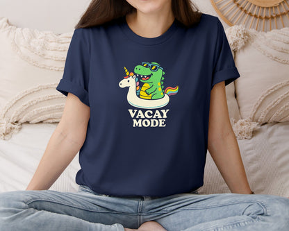 brand:Bella Canvas|color:Navy|Vacay Mode Dino Unicorn Float Cute Graphic T-Shirt