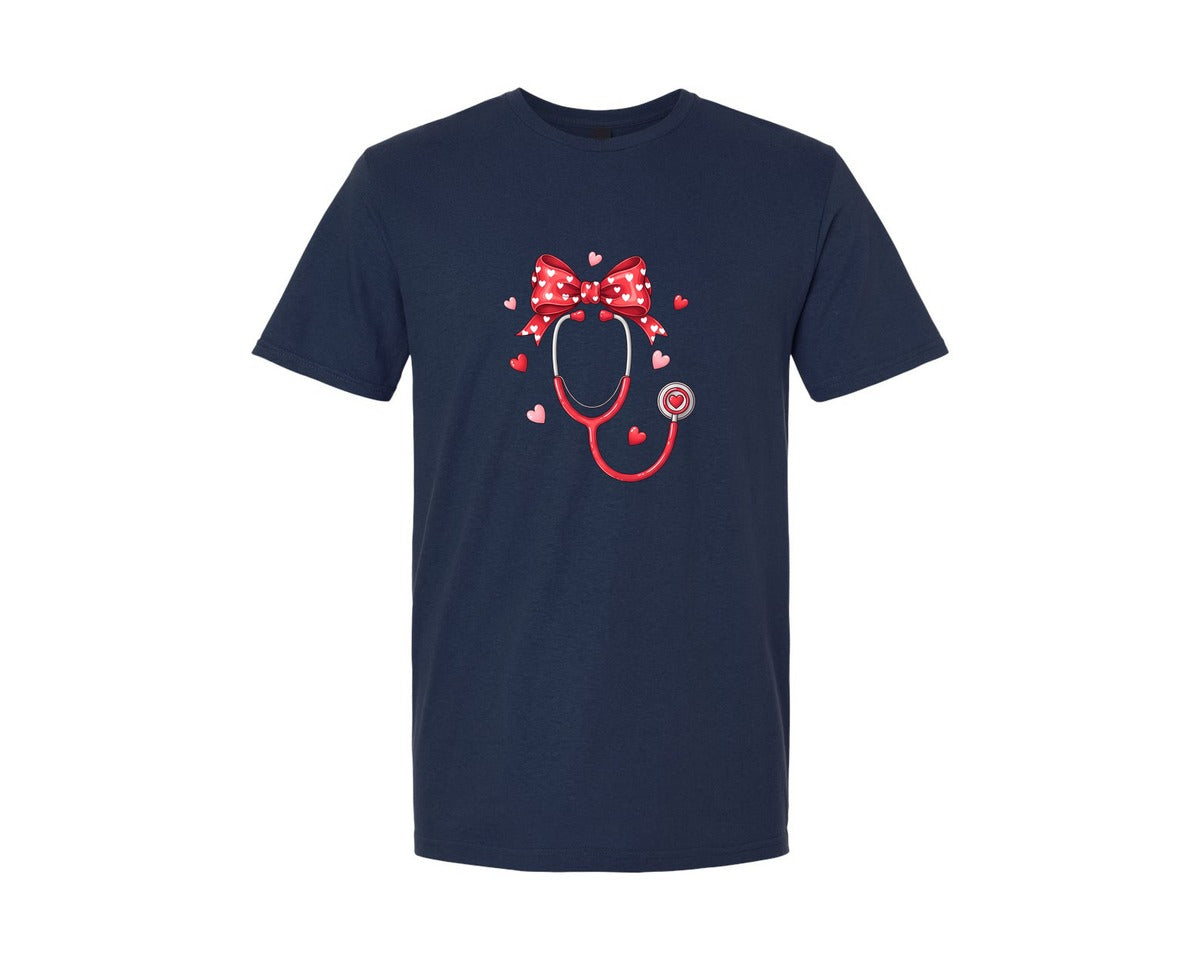 brand:Generic|color:Navy|Valentine Heart Stethoscope Graphic T-Shirt