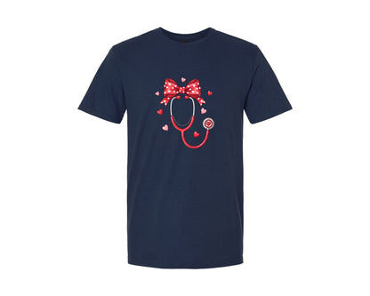 brand:Generic|color:Navy|Valentine Heart Stethoscope Graphic T-Shirt