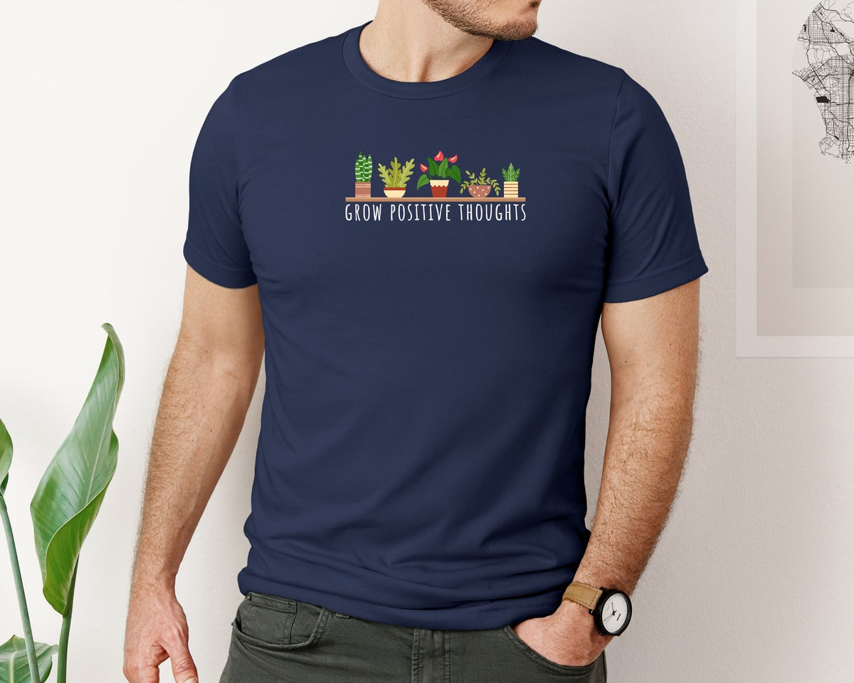 brand:Bella Canvas|color:Navy|Indoor Plant Pot Grow Positive Thoughts Graphic T-Shirt