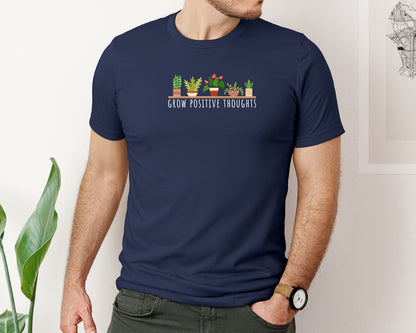 brand:Bella Canvas|color:Navy|Indoor Plant Pot Grow Positive Thoughts Graphic T-Shirt