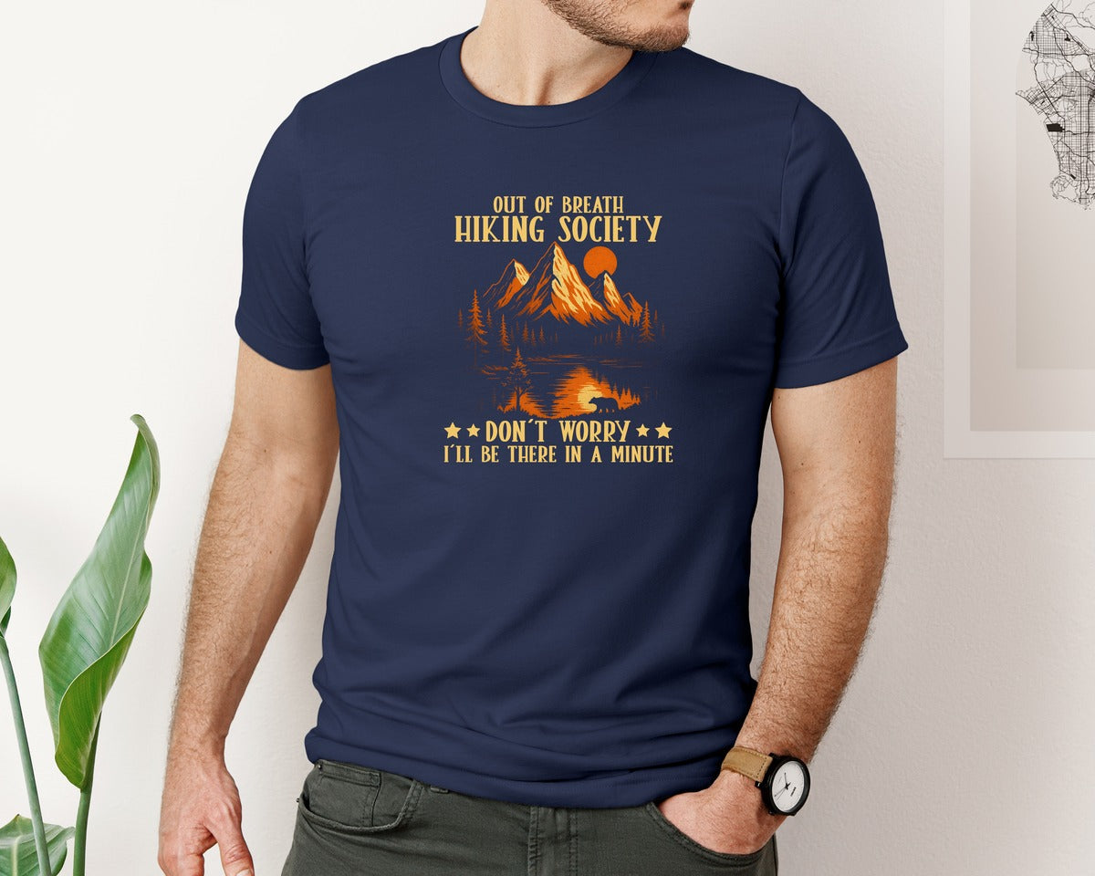 brand:Bella Canvas|color:Navy|Out Of Breath Funny Bear Hiking Graphic T-Shirt
