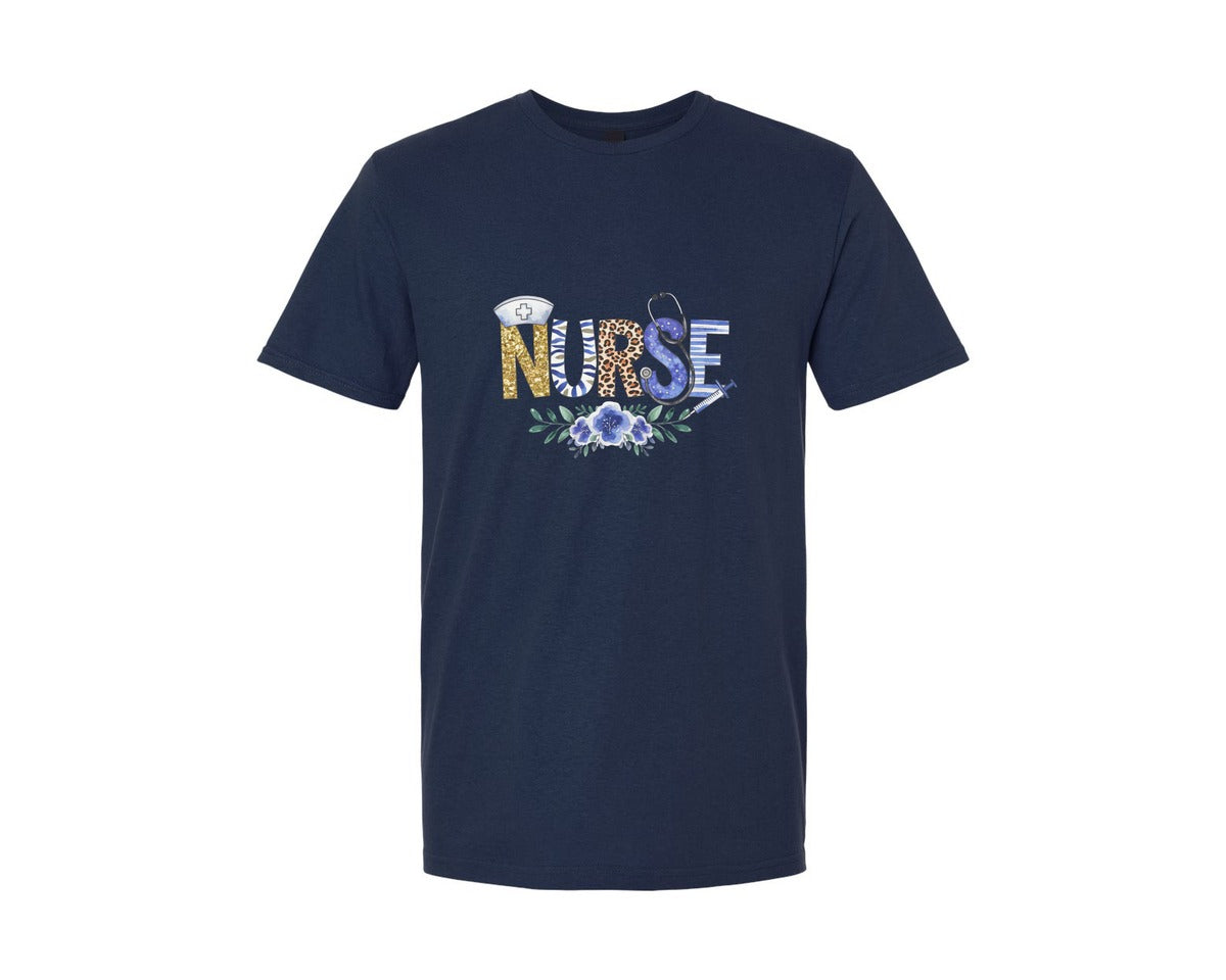 brand:Generic|color:Navy|Hospital Nurse Medic Blue Flowers Graphic T-Shirt