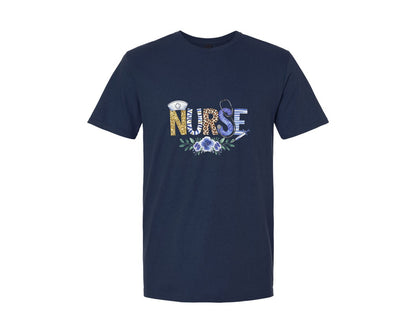 brand:Generic|color:Navy|Hospital Nurse Medic Blue Flowers Graphic T-Shirt