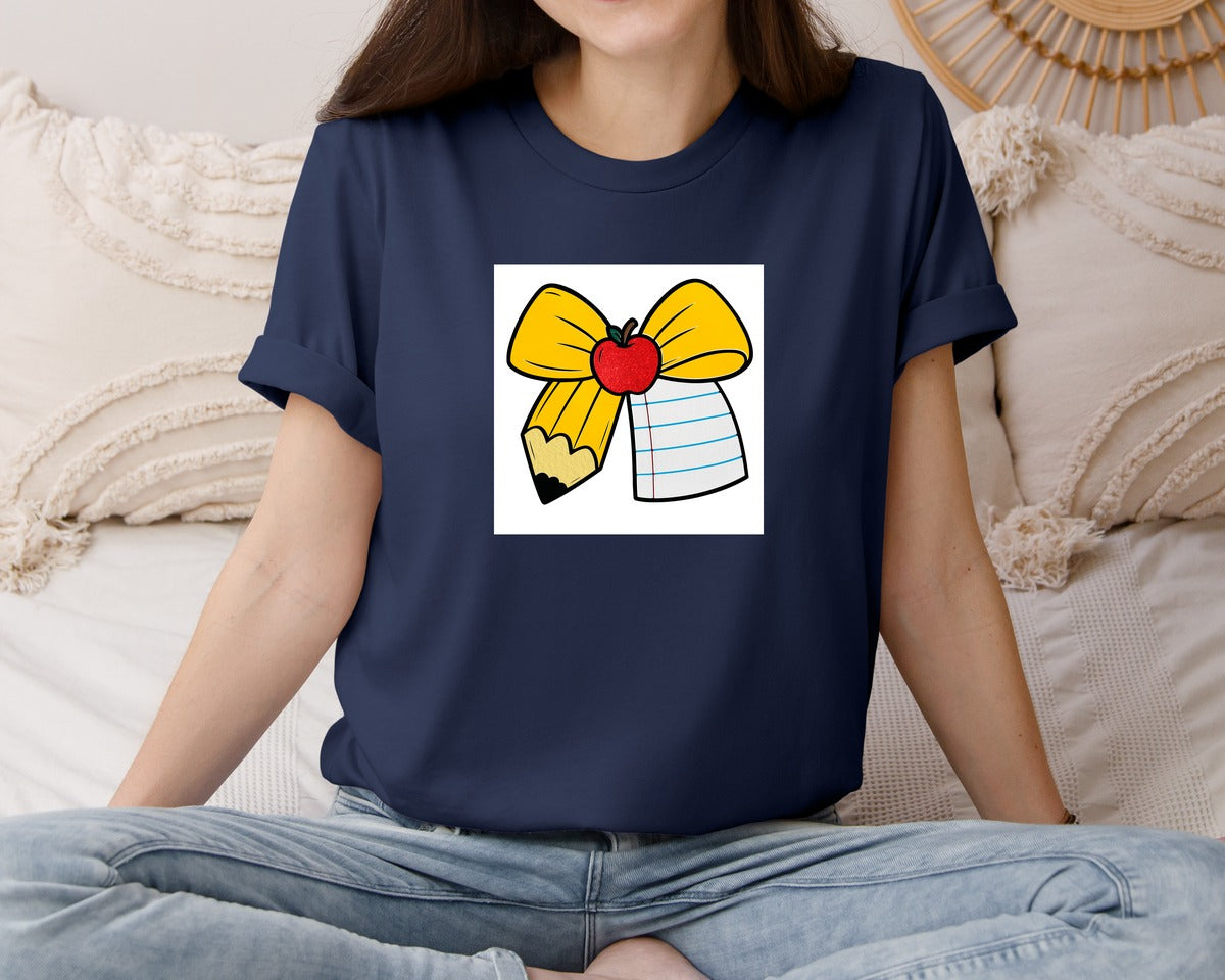 brand:Bella Canvas|color:Navy|Coquette Teacher Bow Graphic T-Shirt