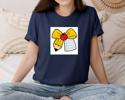 brand:Bella Canvas|color:Navy|Coquette Teacher Bow Graphic T-Shirt