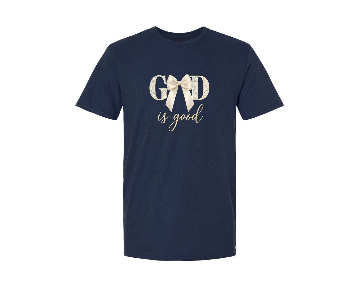 brand:Generic|color:Navy|God Is Good Floral Bow Christian Graphic T-Shirt