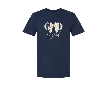 brand:Generic|color:Navy|God Is Good Floral Bow Christian Graphic T-Shirt